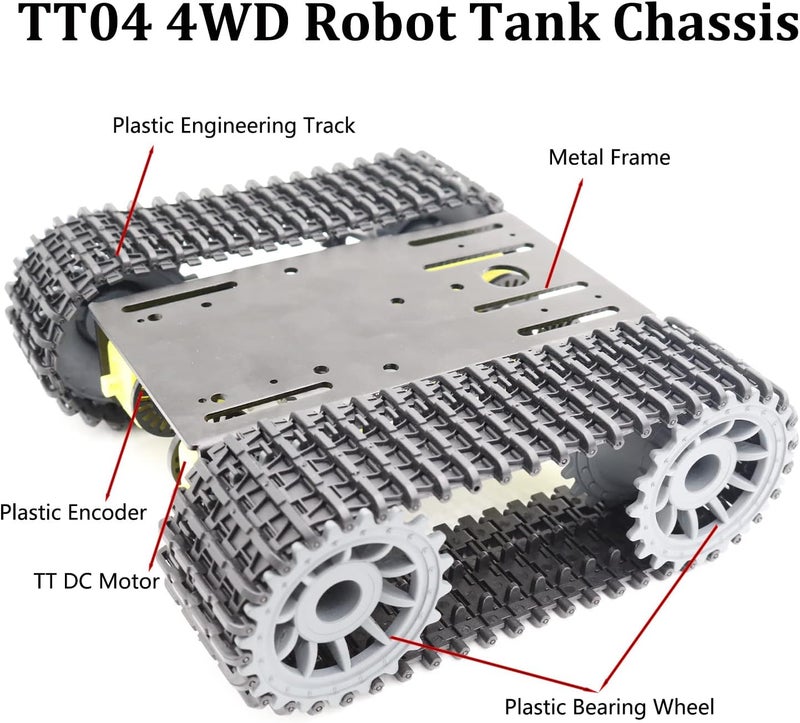 SmaringWing Metal Smart Robotic RC Tank Chassis Kit with 4pcs DC TT Motors for Arduino UNO R3/ Raspberry Pie/STEAM Education, TT04 Crawler Tank Car Chassis Platform for Adults (Black) - Image 3